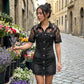 👗 Rochie mini din denim cu dantelă transparentă pentru femei