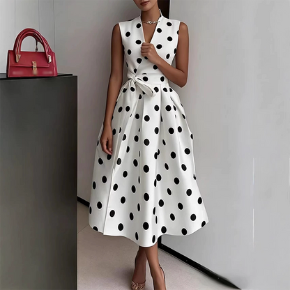 👗Rochie fără mâneci, cu decolteu în V și buline, pentru femei✨