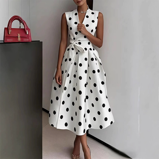 👗Rochie fără mâneci, cu decolteu în V și buline, pentru femei✨
