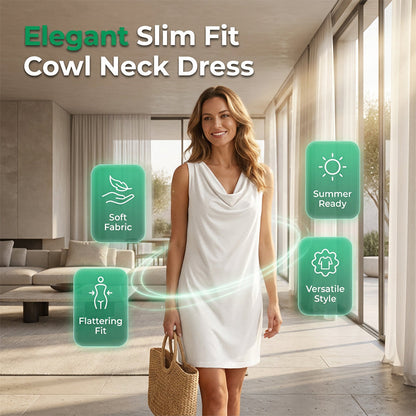 👗 Rochie elegantă cu croială slim fit și guler tip cowl – fără mâneci, cu buzunare laterale, versatilă ✨
