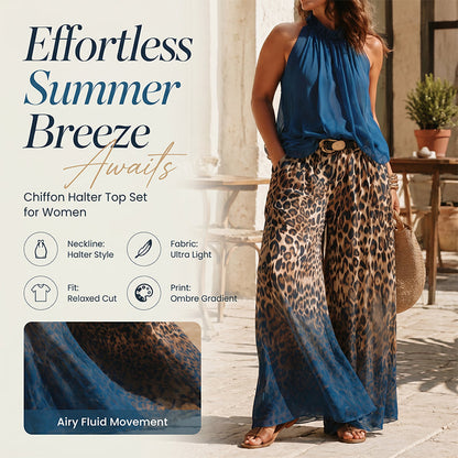 👗Set pentru femei compus din un top fără mâneci cu gât halter și pantaloni cu imprimeu leopard – Set cu pantaloni lungi