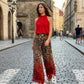 👗Set pentru femei compus din un top fără mâneci cu gât halter și pantaloni cu imprimeu leopard – Set cu pantaloni lungi