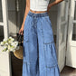 Pantaloni din denim pentru femei, cu talie înaltă și croi larg