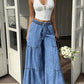 Pantaloni din denim pentru femei, cu talie înaltă și croi larg