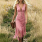 Rochie retro western, fără mâneci, cu ciucuri, croială slim