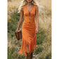 Rochie retro western, fără mâneci, cu ciucuri, croială slim