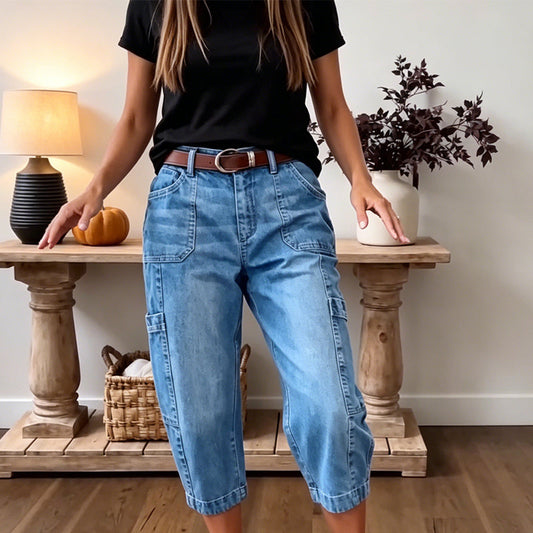 👖 Pantaloni de damă din denim, croiți, elastici, casual – Croială tip cilindru, talie medie, buzunare multiple