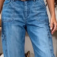 👖 Pantaloni de damă din denim, croiți, elastici, casual – Croială tip cilindru, talie medie, buzunare multiple