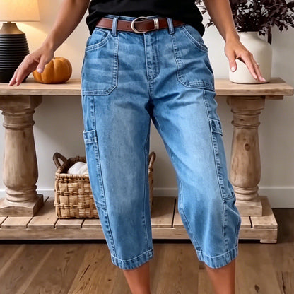 👖 Pantaloni de damă din denim, croiți, elastici, casual – Croială tip cilindru, talie medie, buzunare multiple