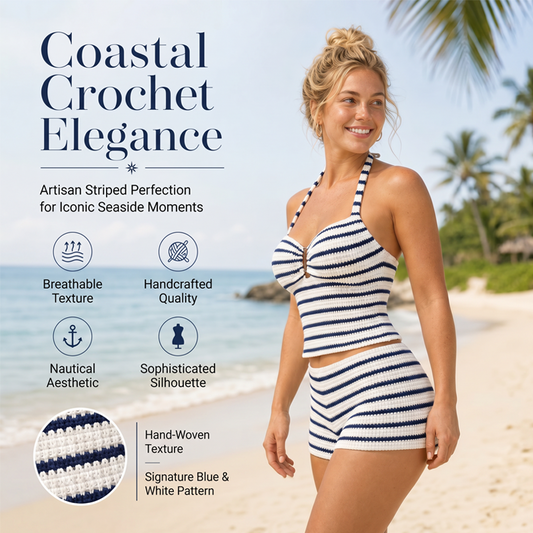 Set de două piese pentru femei: tankini cu bretele în stil halter și dungi