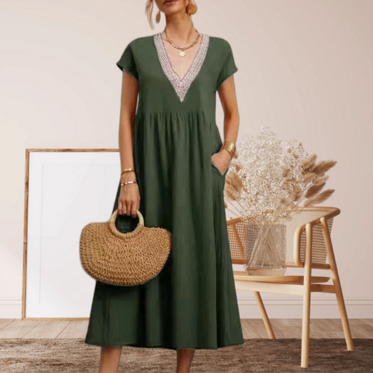 Rochie elegantă pentru femei, cu decolteu în V, mâneci scurte și croială lejeră