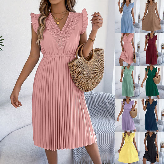 Rochie midi pentru femei, cu decolteu în V, din dantelă, cu mâneci cu volane și pliuri