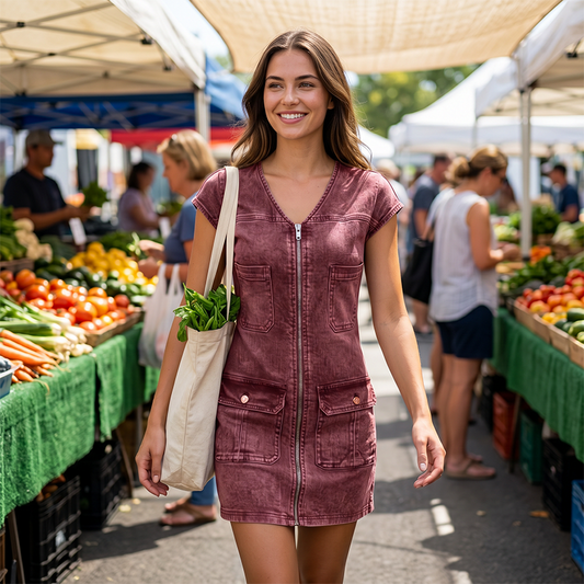 👗Rochie casual pentru femei, cu mâneci scurte și fermoar – Rochie de zi cu zi cu buzunare ✨