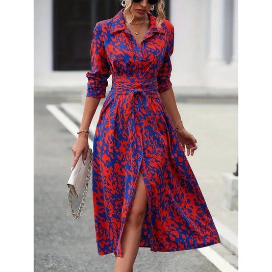👗 Rochie-cămașă cu imprimeu multicolor – curea la talie, tăietură la tiv, confort pe tot parcursul zilei 🌸