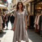 Rochie midi pentru femei, cu guler în V, mâneci scurte și volane