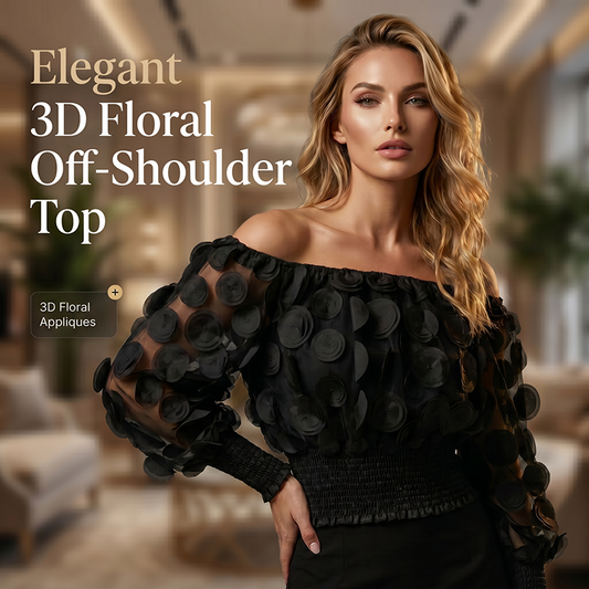 👗Bluză mulată cu umerii descoperiți – aplicații florale 3D, talie smocată, mâneci balon 🌸