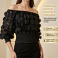 👗Bluză mulată cu umerii descoperiți – aplicații florale 3D, talie smocată, mâneci balon 🌸