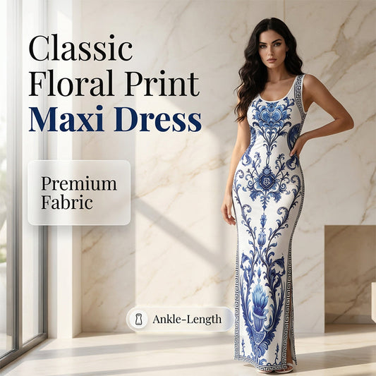 Rochie lungă clasică pentru femei, cu imprimeu floral