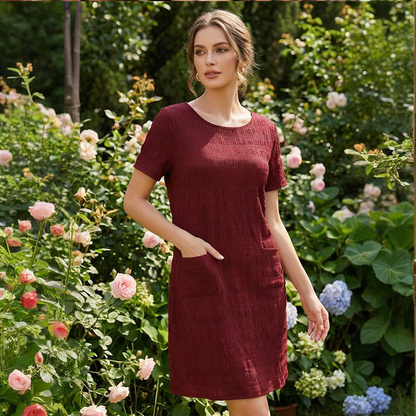 Rochie pentru femei, cu guler rotund, texturată, până la genunchi