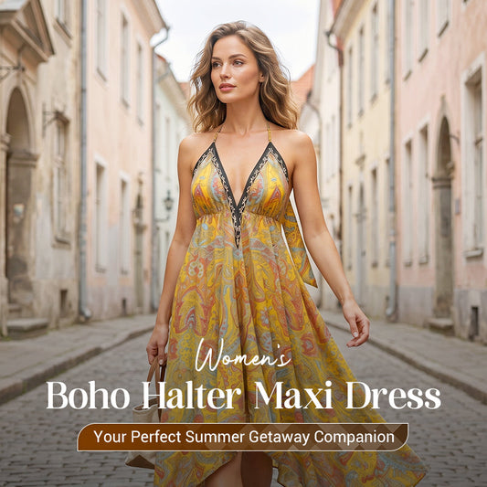 🏵️Noutăți💕Rochie maxi boho cu decolteu adânc în V și gât halter pentru femei