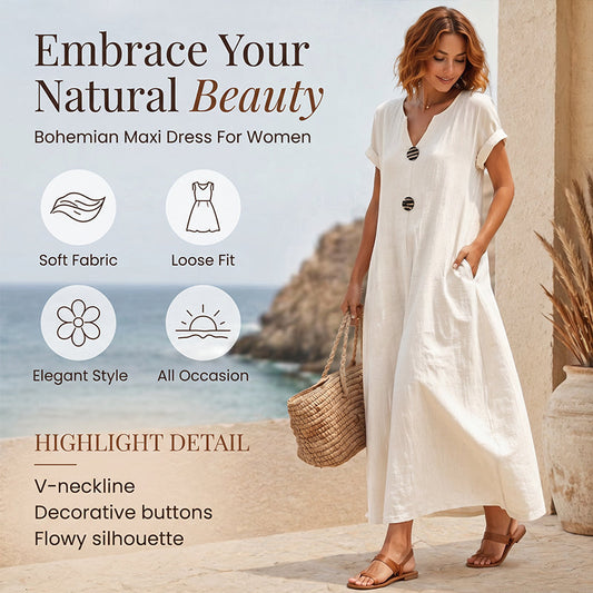 🌿 Rochie midi de vară cu decolteu în V și nasturi decorativi