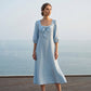 💙Rochie midi casual, uni, cu fundă elegantă și decolteu pătrat – Croială flatantă, țesătură moale și eleganță fără efort ✨