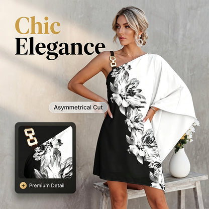 Rochie pentru femei cu un singur umăr, imprimeu floral asimetric