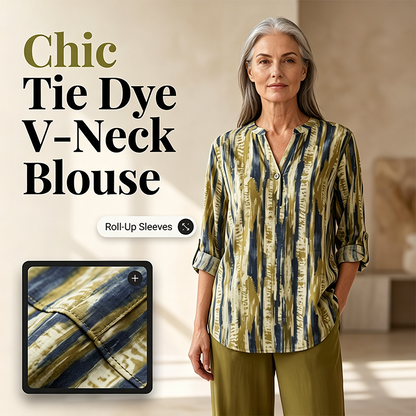 🔥Noutăți și Oferte Speciale - Set de două piese pentru femei, cu imprimeu tie-dye, decolteu în V și mâneci suflecate, pantaloni asortați