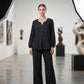 Set de top cu decolteu în V și mâneci lungi și pantaloni pentru femei