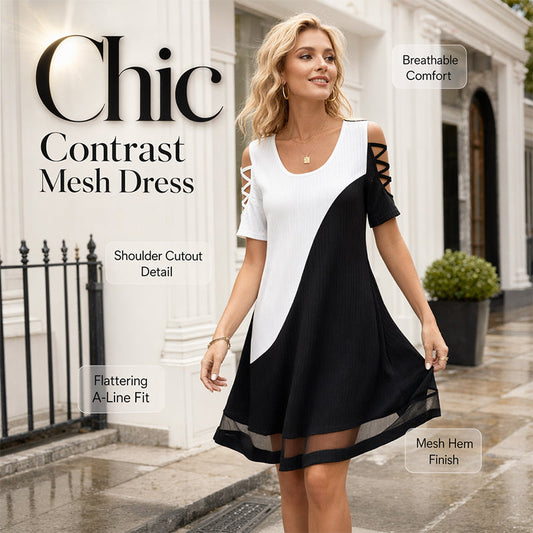Rochie midi cu guler rotund, blocuri de culoare și tiv din plasă pentru femei