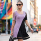Rochie midi cu guler rotund, blocuri de culoare și tiv din plasă pentru femei
