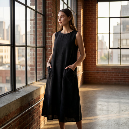 🌿Rochie casual pentru femei, fără mâneci, cu gât rotund, croială lejeră, aspect de in, maxi cu buzunare