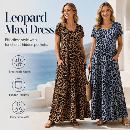 Rochii lungi pentru femei cu imprimeu leopard și buzunare, rochie casual cu mâneci scurte
