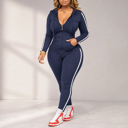 Dame stripet sett med glidelåsgenser og bukser
