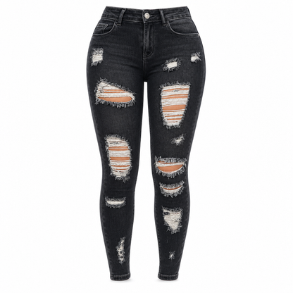 Dame høyvist, revne skinny-jeans, slitt og strekkbar denim-bukser