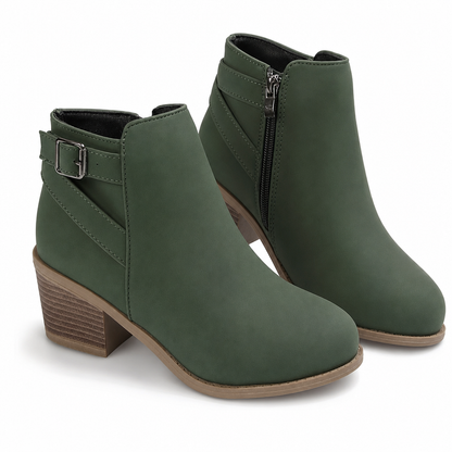 Women's Suede Martin Boots with Slanted Buckle Chunky Mid Heel and Side Zipper Ankle Boots