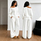 Sett med avslappet off-shoulder-top og bukser med vide ben for damer