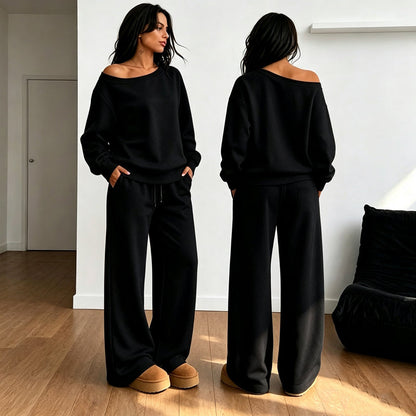 Sett med avslappet off-shoulder-top og bukser med vide ben for damer