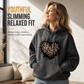 Dame casual fleece hettegenser med leopardhjerte-grafikk og kengurulomme