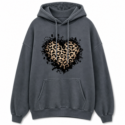 Dame casual fleece hettegenser med leopardhjerte-grafikk og kengurulomme