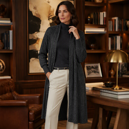 Dame koselig ribbestrikket lang cardigan