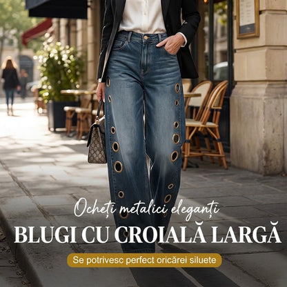 Blugi pentru femei cu croi larg și detalii cu ochiuri metalice
